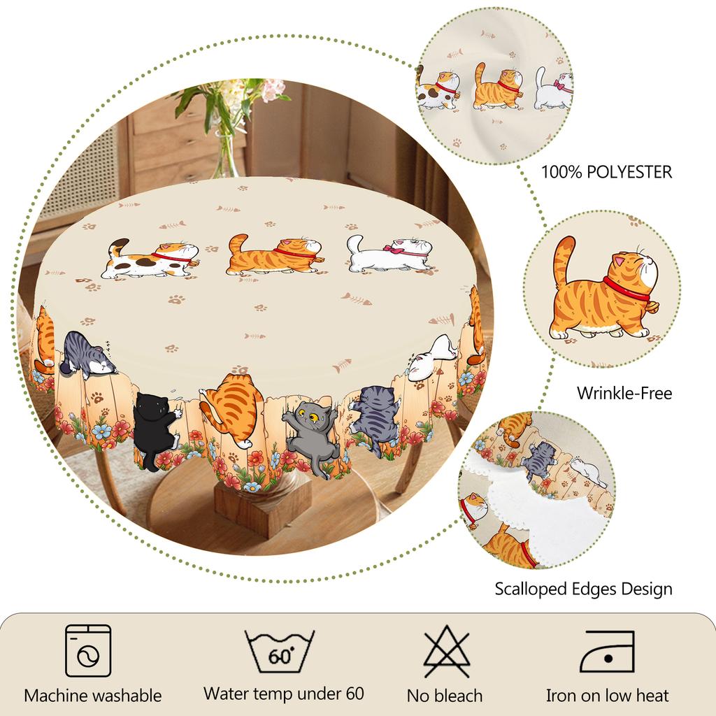 1 Piece Of Cute Cat Round Tablecloth, 5 Sizes Available, Cute Cartoon Cat Pattern Printed Desk Tablecloth, Edge Embossing Process, Courtyard Bedroom D