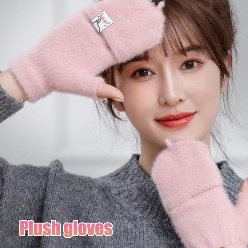Outdoor Women Imitation Velvet Gloves Touch Screen Lovely Half-Finger Flip-Top Outdoors Gloves Solid Color Soft Knitted Mittens