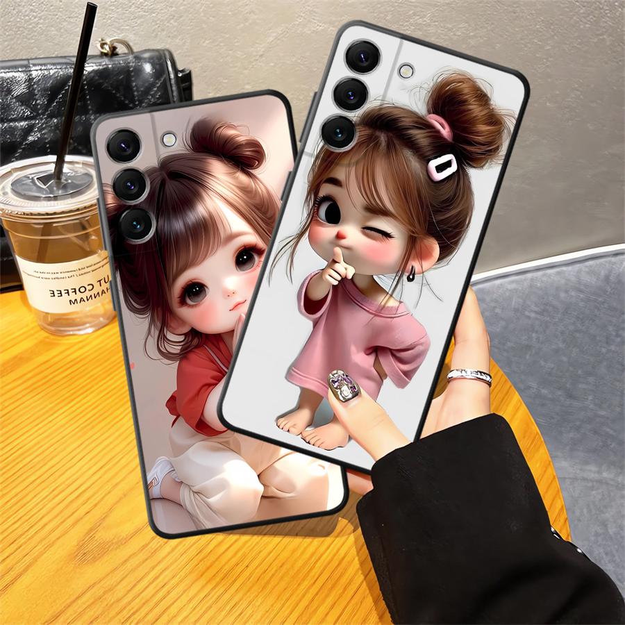 Case for Samsung Galaxy A20 A13 A06 A40 A16 A05 A10 A12 A30 A15 A17 A70 A50 A04 Black Soft Phone Cover Cartoon Girl Pattern
