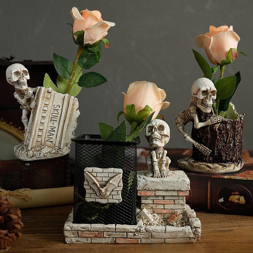 Halloween Decoration Skull Pen Makeup Brush Holder Creative Skeleton Toothbrush Flower Vase Home Office Desk Storage Box Ornamen