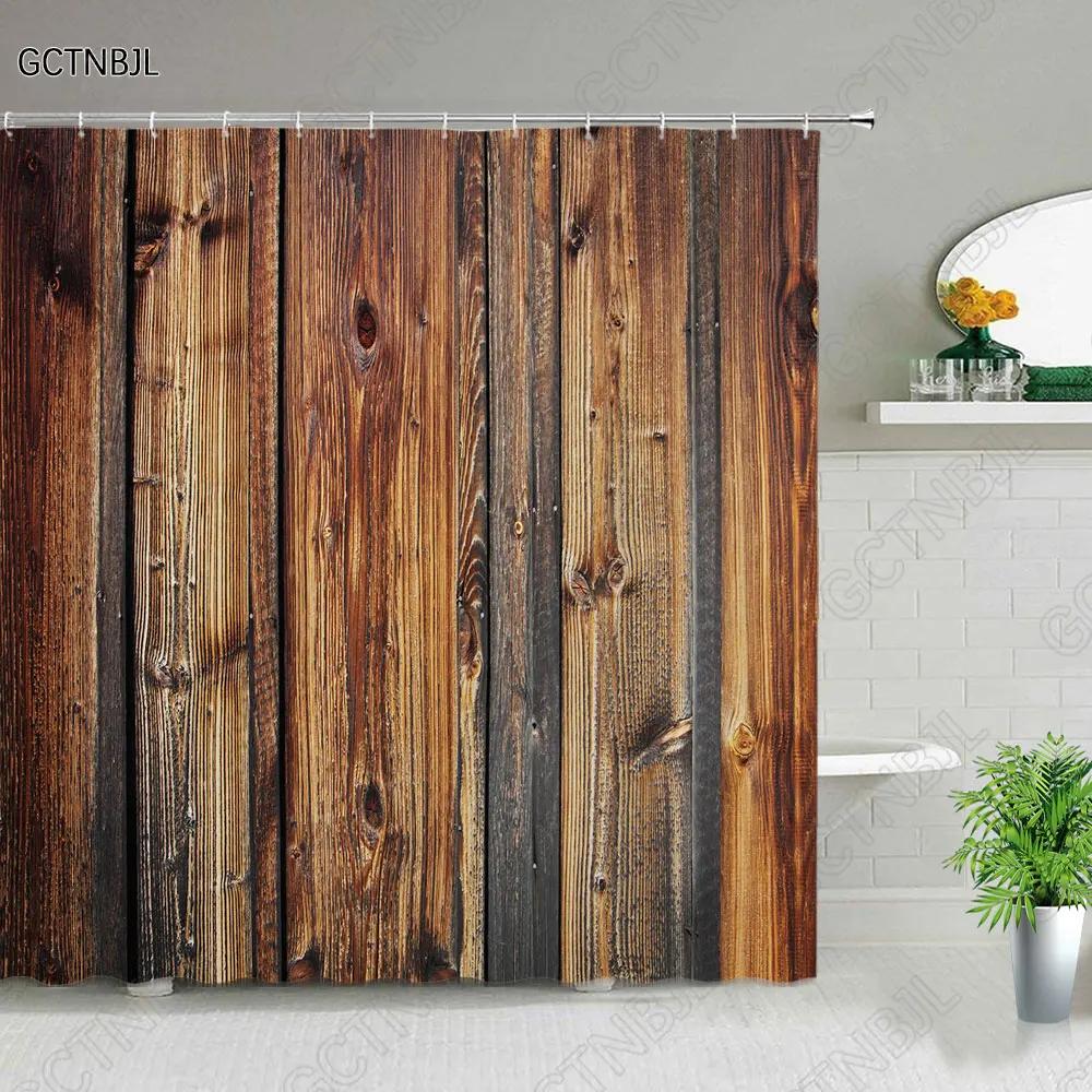 Retro Holz Türen Duschvorhang Set Rustikal Alt Vintage Scheunentor Stoff Badezimmervorhänge Bauernhaus Baddeko Badwände Haken