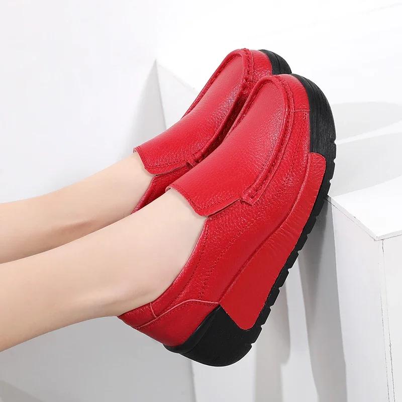 Spring Genuine Leather Casual Shoes Women Lightweight Thick Bottom Wedges Shoes Ladies Non-Slip Height-Increasing Flatform Shoes