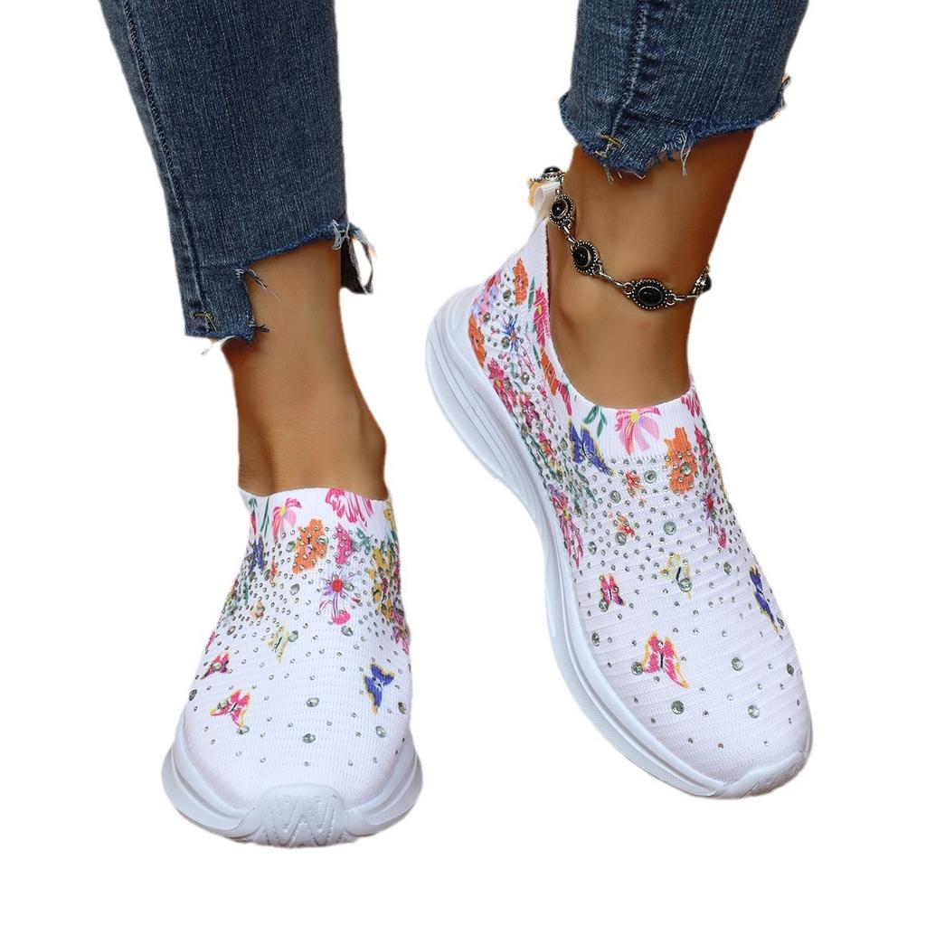 Casual women's shoes running shoes printed flower rhinestone one pedal lazy leisure sports