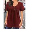 Summer Loose Solid Color T-shirt, Crew Neck Short Sleeve Button Detail Pleated Front Top for Women, European American Casual Crossbody Apparel