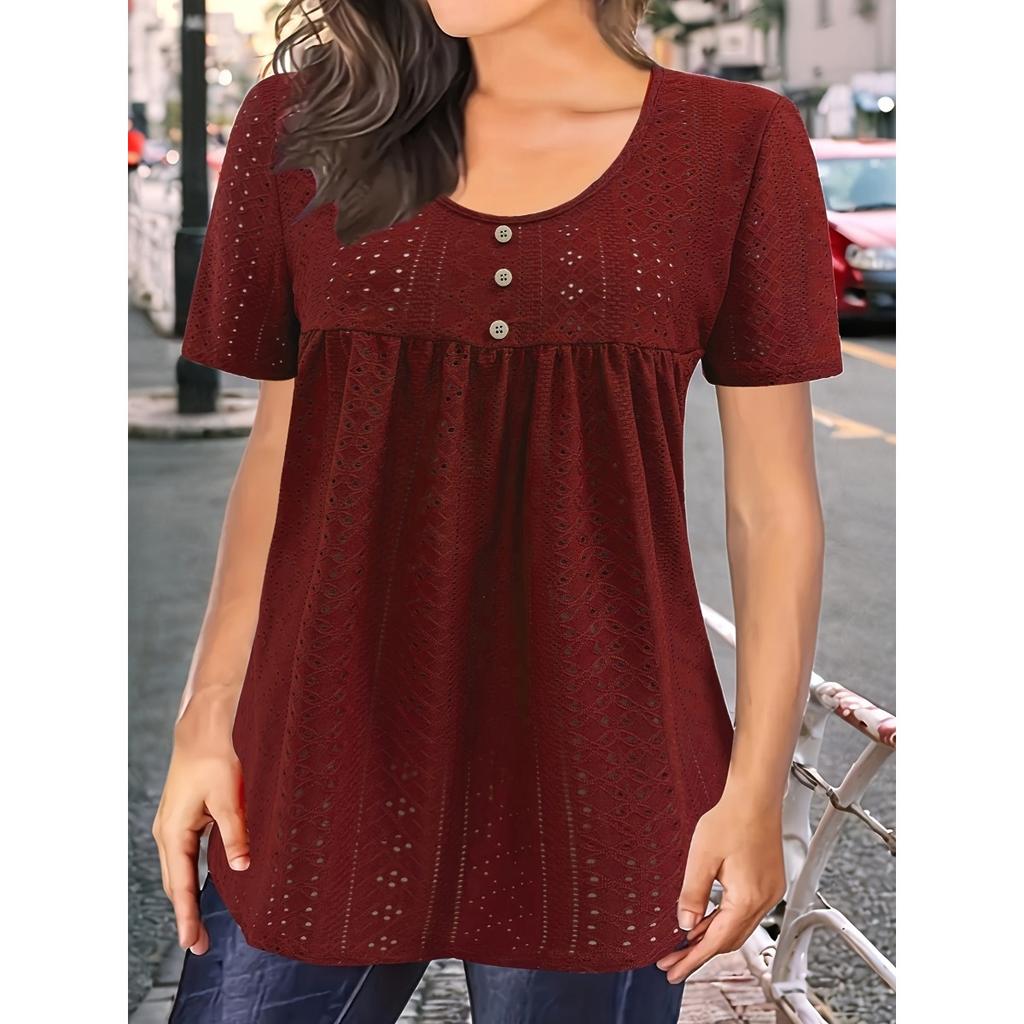 Summer Loose Solid Color T-shirt, Crew Neck Short Sleeve Button Detail Pleated Front Top for Women, European American Casual Crossbody Apparel