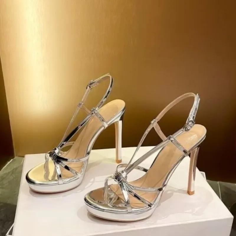 

Fashion Beautiful Open-toe Gold High-heeled Shoes for Women 2025 New Summer Wear Slim Heel with Platform Sexy Sandals 40 серебряный