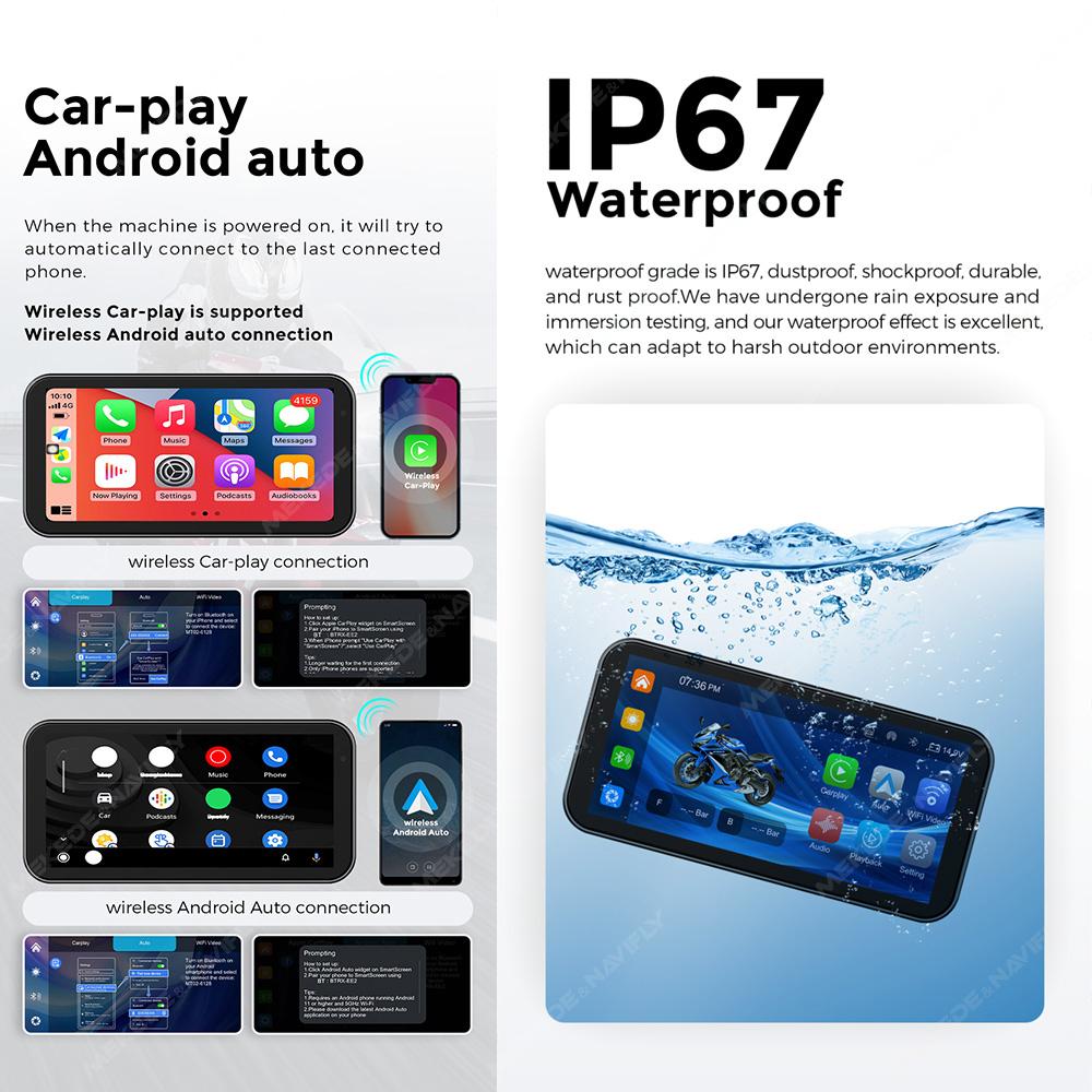 Wireless CarPlay Moto Android Auto  6.25inch Motorcycle GPS Navigation USB IP67 Waterproof Linux System Dual BT Dual CAM Recorde