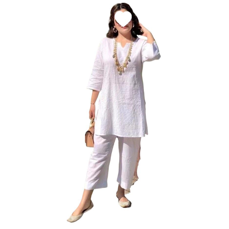 Southeast Asian Ethnic Mid-Sleeve Solid Color Sports Suit - Large Size Two-Piece Casual Set