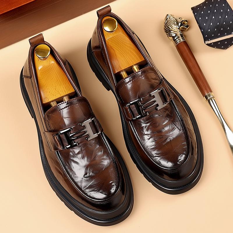 Designer Brand Men's Loafers British Style Thick Soled Business Dress Shoes Versatile Men's Leather Casual Shoes Classic Brown