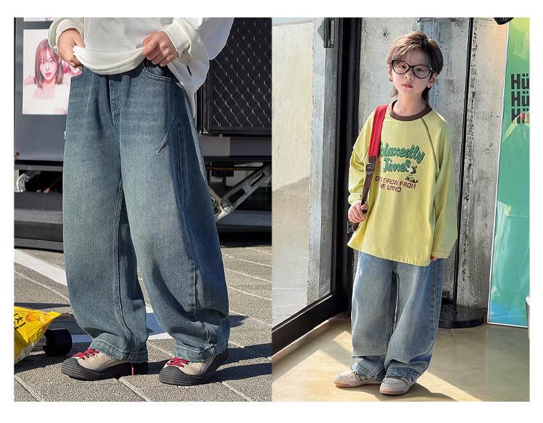 Barnbyxor i mjuk denim, lösa bananbyxor - 2026 Koreansk stil, avslappnade, vida ben för medelstora och stora pojkar