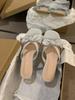 Korean version crystal thick heel bow retro yellow open-toed thin cool slippers fashion women's summer new one-word drag