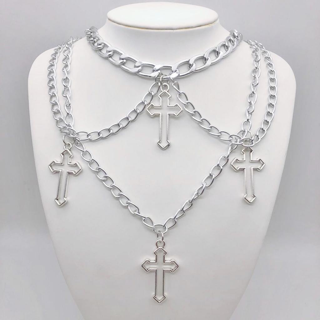 Punk Geometric Silver Color Chain Hollow Cross Pendant Necklaces For Women Trendy Statement Metal Chain Hip hop Jewelry Necklace