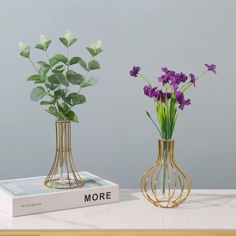 1 Set Of Gold Wrought Iron Metal Vase Hydroponic Container Test Tube Vase Living Room Illustration Decoration Flower Decor