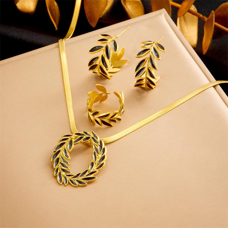 Gold Olive Leaf Jewelry Set Necklace Hoop Earrings with Black Enamel