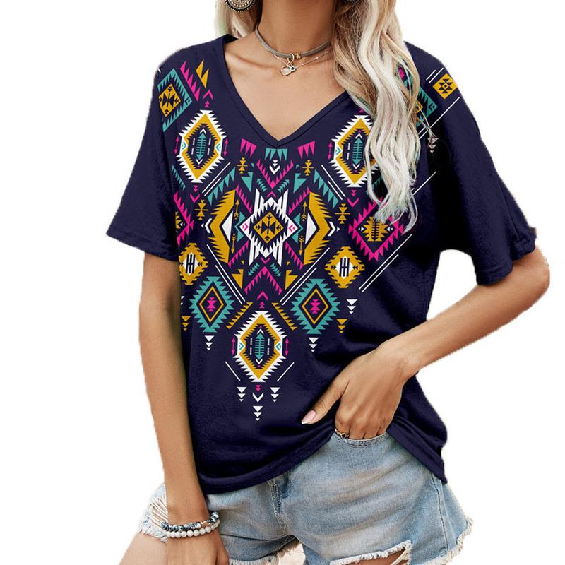 Women Holiday Boho V-neck Blouse Shirts Tops T-shirt Plus Size Ladies Summer Tee