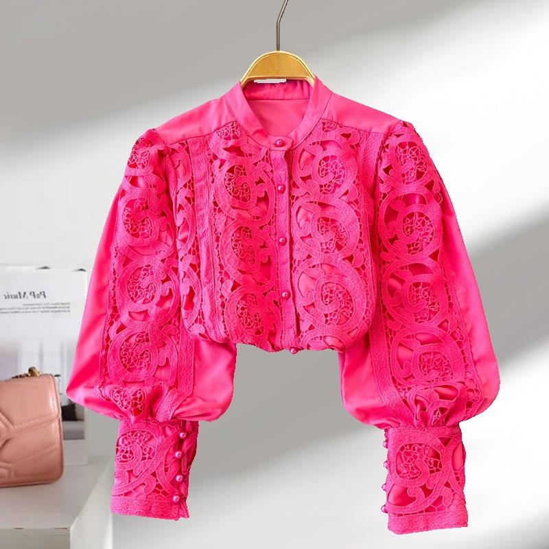 Fashion Retro Hollow Out Embroidered Lantern Sleeve Shirt Women's Tops Single Breasted Solid Loose Casual Blouses Women Elegant Round Neck Shirt 26447
