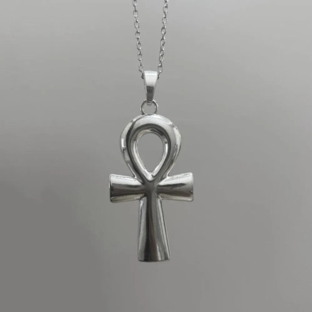 Retro Sliver Color Ancient Egyptian Symbol of Life Ankh Cross 80x42mm Large Pendant Necklace for Women Men Halloween Jewelry