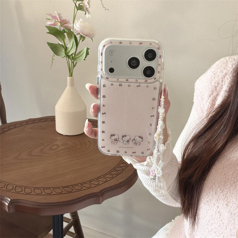 Kawaii Hello Kitty Pink Glitter Phone Case For iPhone 15 16 17 Pro Max Bow Star Pattern Clear Soft TPU Shockproof Cover with Cha