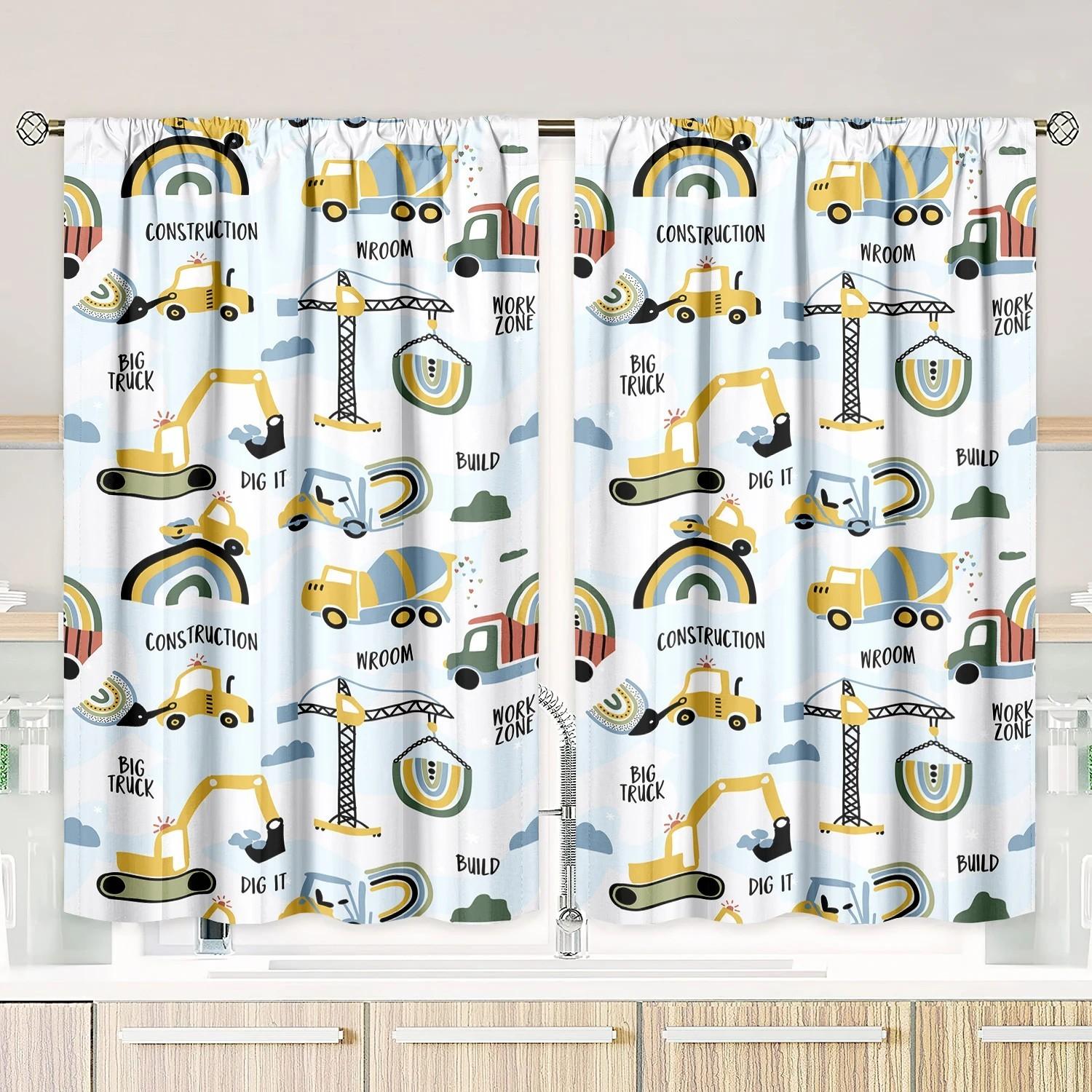 

2pcs Cartoon Truck Printed Curtains Room Darkening Polyester Window Drapes Rod Pocket Home Decor Kids Room/Birthday/Party De 100*130 Grommet Top 1pcs
