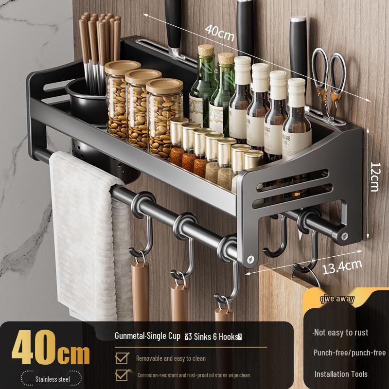 

Настенная полка для ножей и специй из нержавеющей стали цвета «оружейный серый» – Безударное решение для хранения на кухне