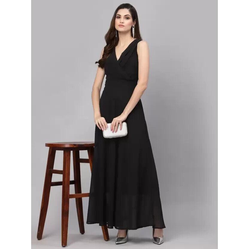 Women Fit and Flare Black Dress Party Western Wear Sleeveless V-neck Long Dress VIF-3122
