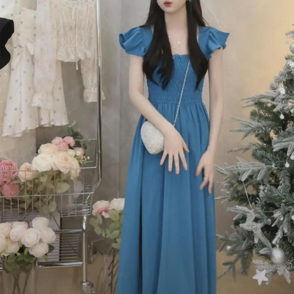 2023 Summer French-Style Pleated Waist Midi Dress with Flutter Sleeves and Square Neck