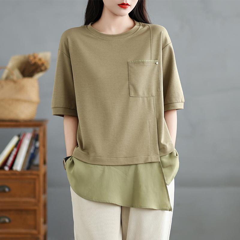 

DIMANAF 2025 Летняя футболка больших размеров для женщин Асимметричные винтажные свободные повседневные однотонные топы футболки One Size бежевый