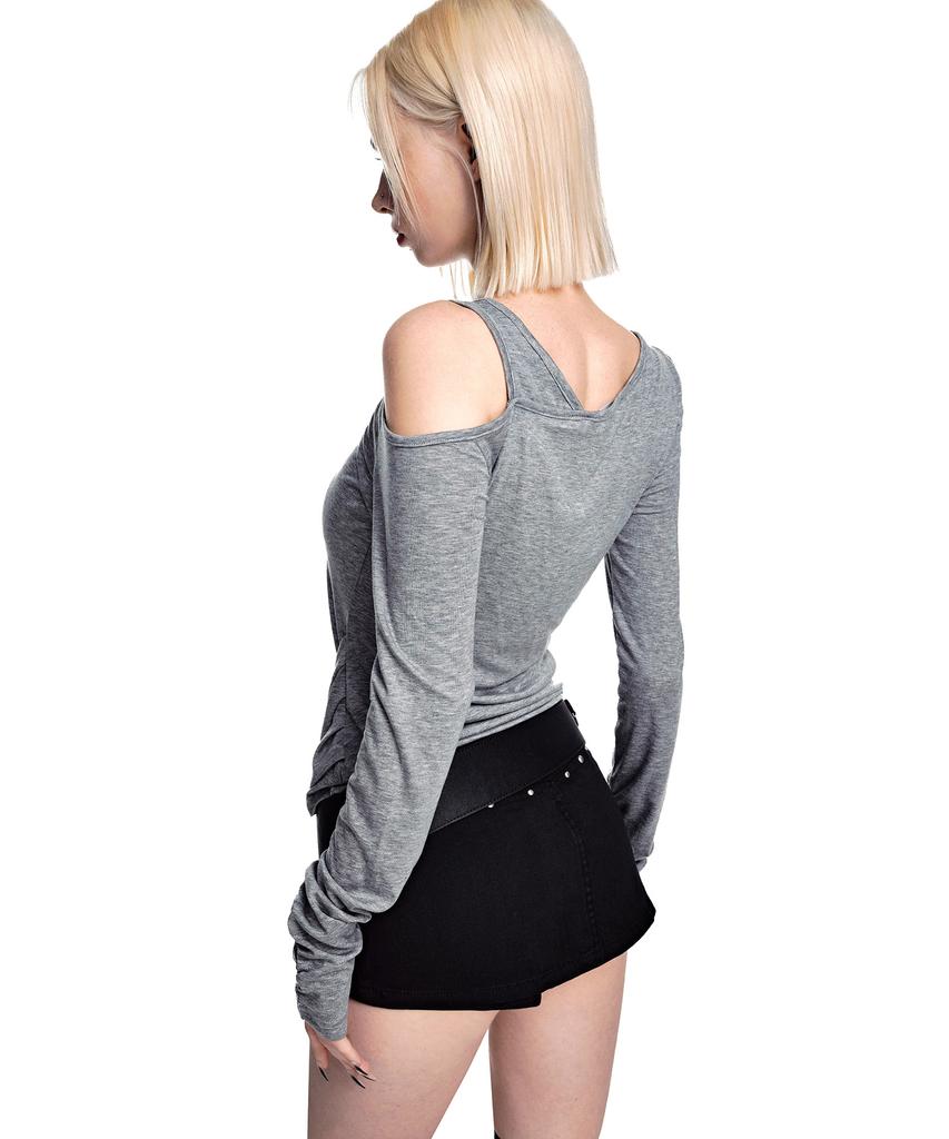 SECONDMONO Asymmetric Layered Off-Shoulder Top [Gray]_Sewts038Gray