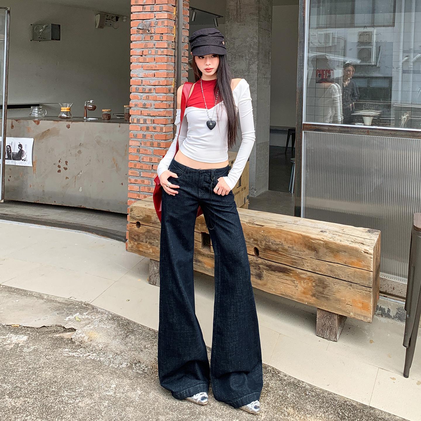 No Waistband Women s Low-Rise Jeans - 2025 Spring/Autumn, Loose Wide-Leg, Original Denim Straight-Leg Pants L