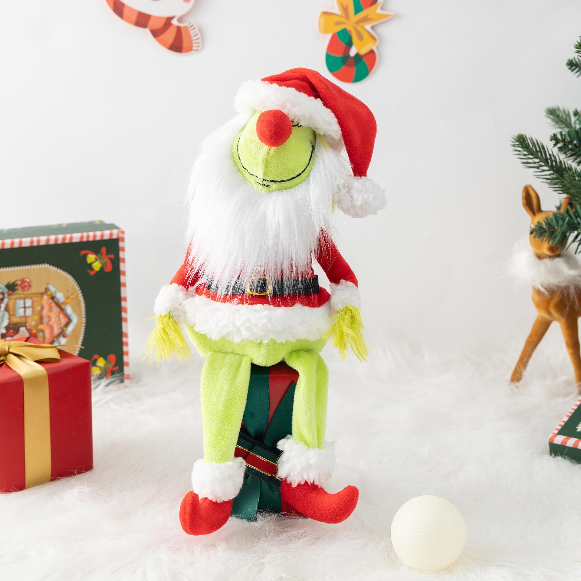 DIY Detachable Sitting Grinch Green Fur Faceless Doll with Long Legs and Beard