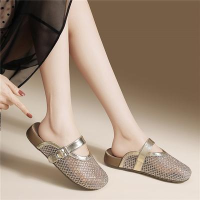 Mary Jane Halbmopp-Sandalen mit Schnalle, bequem und fußfreundlich, Sommerschuhe für Damen, silberfarben, mit durchbrochenem Netzgewebe, halbhohe Hausschuhe