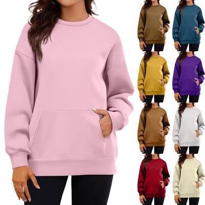 Damen Casual Mode Langarm Einfarbig Rundhals Sweatshirt Oberteil mit Taschen
