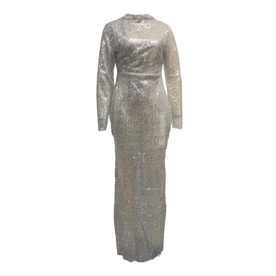 Women's Sexy Sequin Dress Shiny High Neck Floor Length Prom Dress Slim Fit Long Sleeve Hollow Out Evening Dress