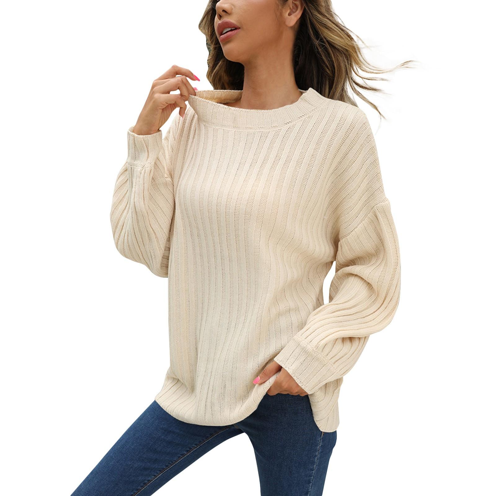 

Женский модный пуловер с круглым вырезом, однотонный вязаный топ, повседневный свободный свитер L бежевый