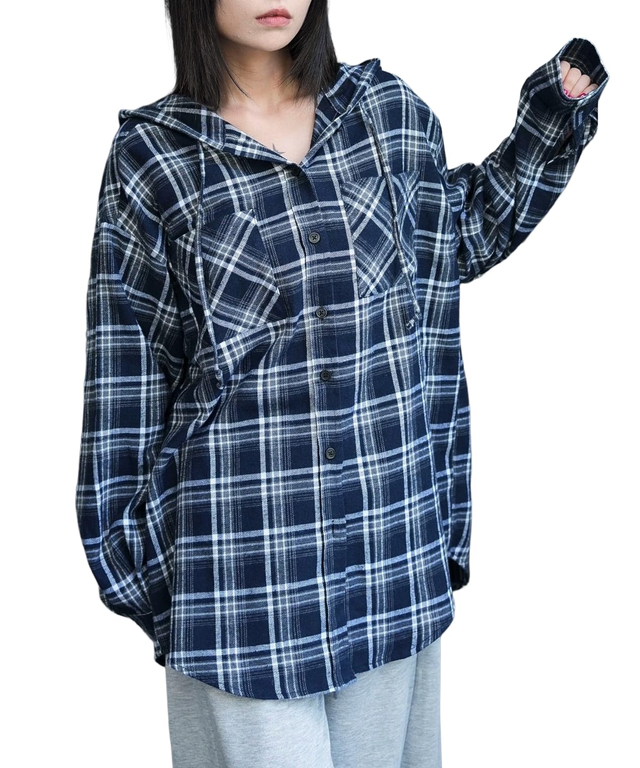 

WEGO Check Hooded Flannel Long Oversized Street Size Navy Women s Shirt, Sleeve, Top, Autumn/Winter Clothes, Silhouette, Style, Girly, F,