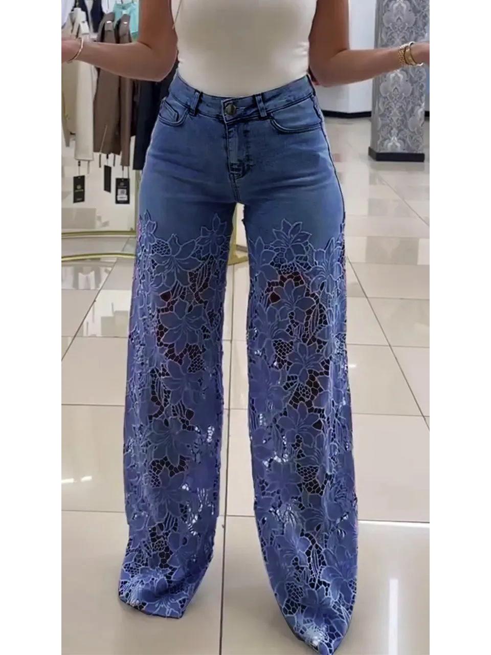 

2025 Women’s High-Waisted Lace Patchwork Wide-Leg Denim Pants 3XL темно-синий