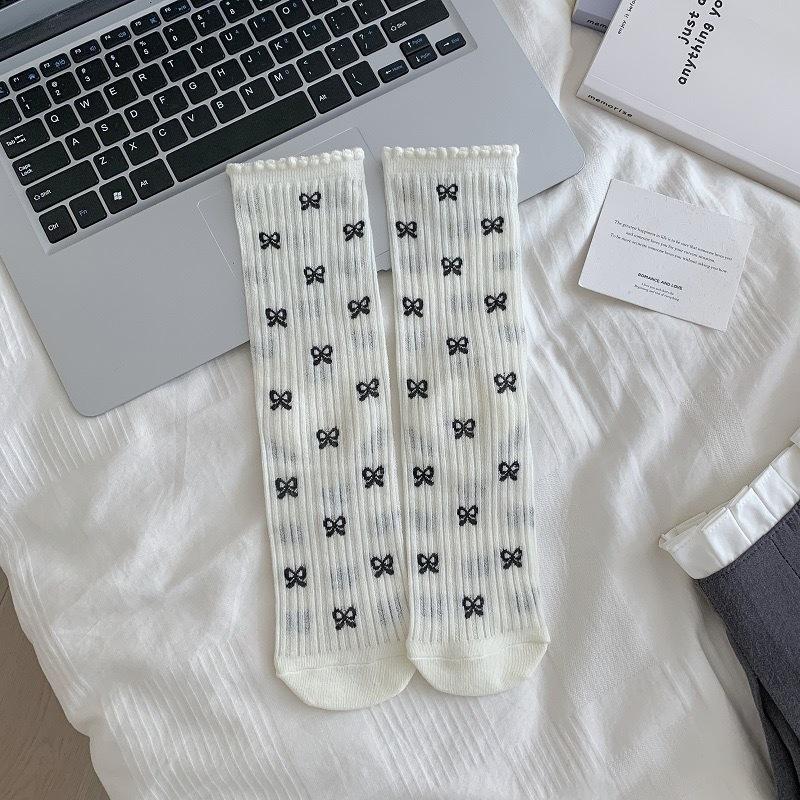 

Ballet-style Bow Pile Socks, Women s Mid-calf Socks, Summer Thin Mesh Perforated Polka Dot Socks 1 pair