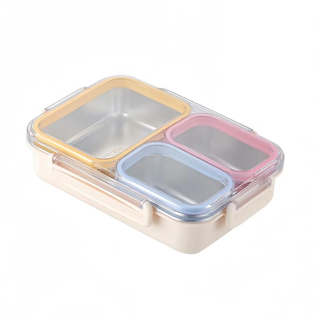 Stainless Steel Lunch Box Kitchen Snack Food Container Lunch Box 24.5x17.5x6cm Three Compartments With Silicone Seals Lids
