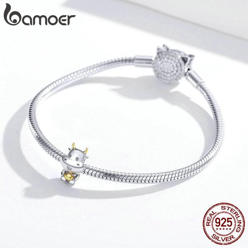 BAMOER 925 Sterling Silver Plated Platinum Playful Cute Lucky Cow Charm Beads Fit Original 3mm Bracelet