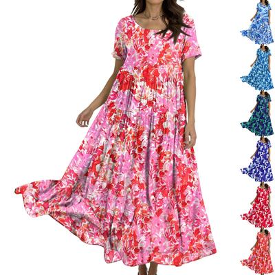 Vestido floral bohemio suelto casual de manga corta largo maxi vestido de verano para la playa