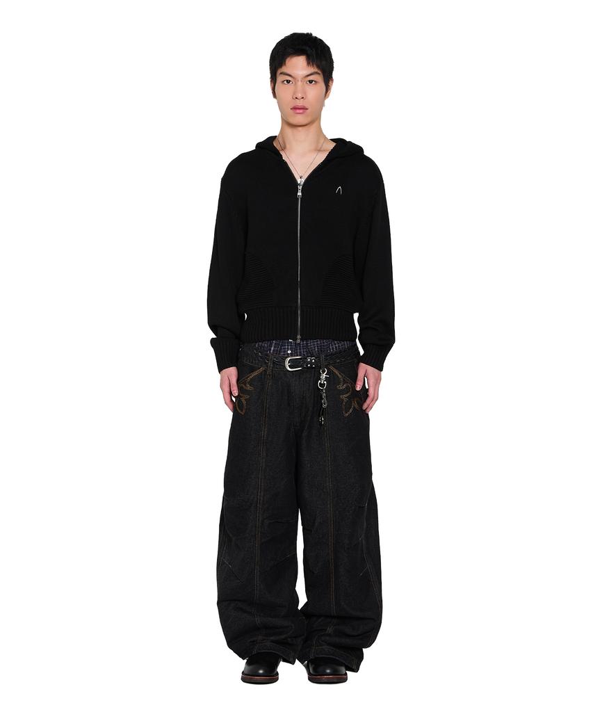 Aakam Structure Contrast Knitted Zip-Up Hoodie (Black)