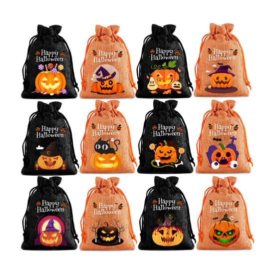 12Pcs Halloween Pumpkin Burlap Gift Bags Small Drawstring Goodie Treat Bag Halloween Linen Jute Candy Bag for Kids Trick or Treat Party Supplies