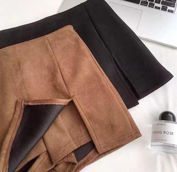 Women s Retro High Waist Faux Suede Slit A-Line Skirt - Autumn/Winter Style 4XL коричневый