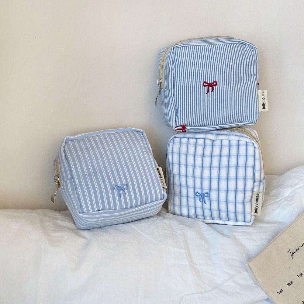 Gestreifte Karomuster Mini Kosmetiktasche Bestickt Multifunktionale Lippenstift Aufbewahrungstasche Quadratische Form Reißverschluss