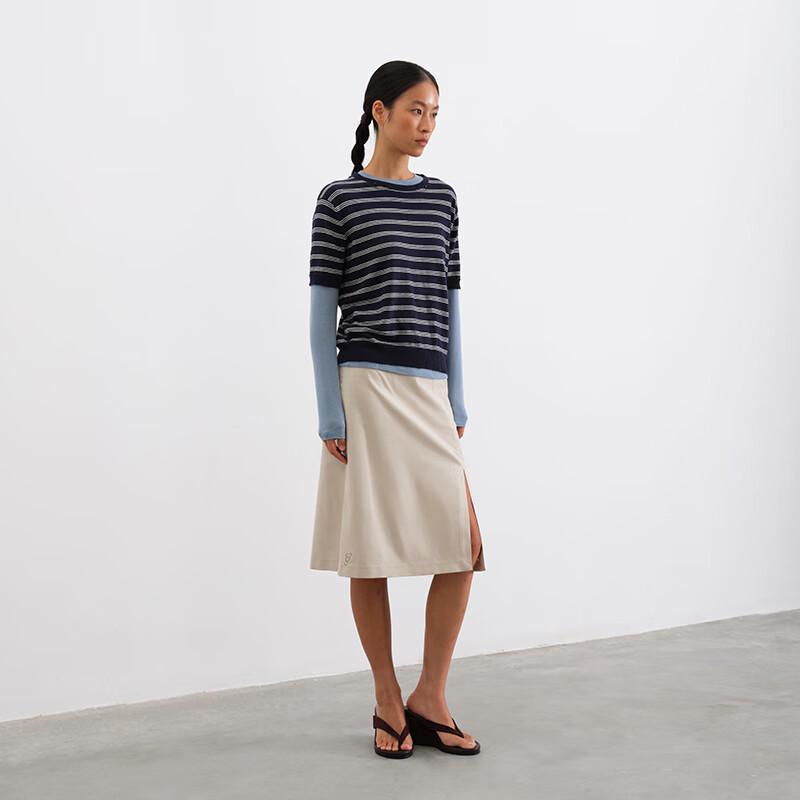 GREEN BELT Striped Wool Linen Knit Short Sleeve Top with Necktie