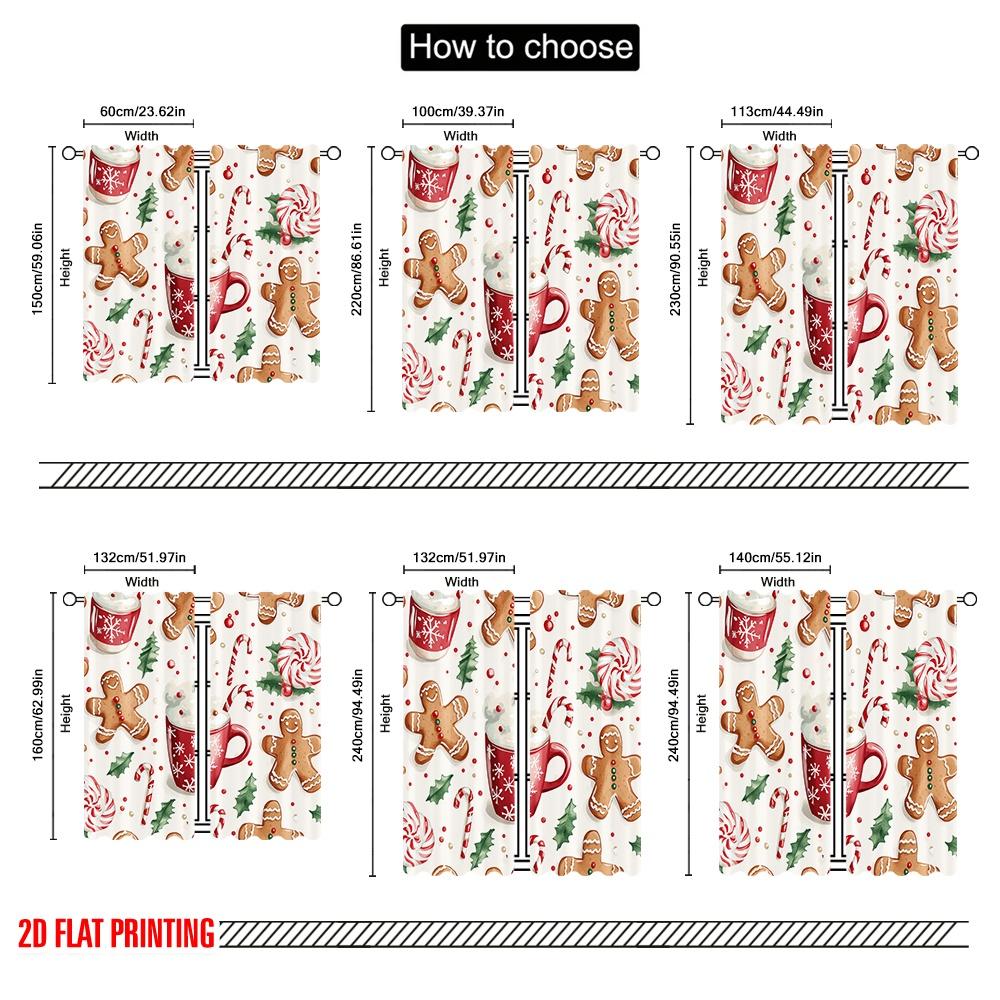 2pcs,2D Plane Printing Window Curtain Christmas Treats Hot Chocolate Gingerbread Durable 100% Polyester Fabric (without Rod)