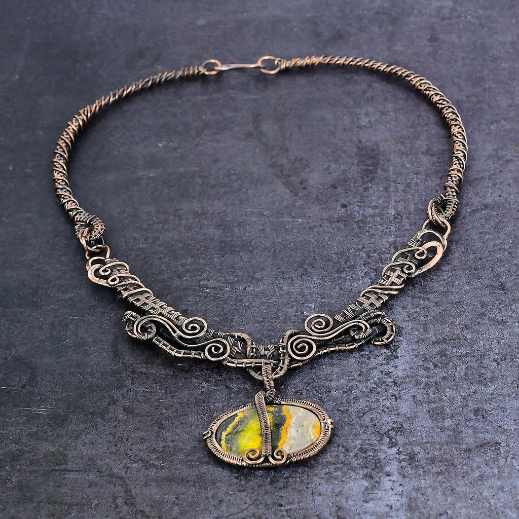 Natural Bumble Bee Jasper Gemstone Copper Wire Wrap Jewelry Necklace 18" O3c22