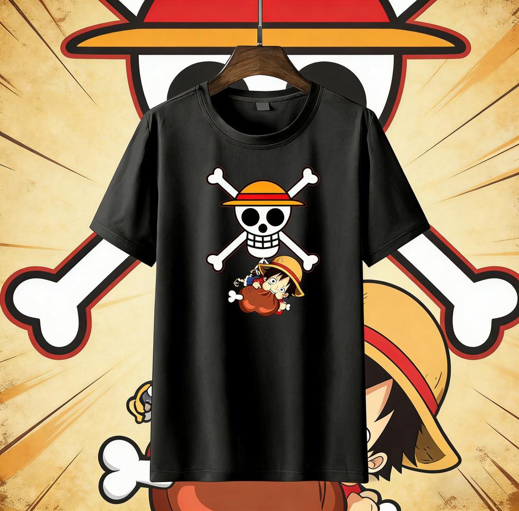 Summer 2026 One Piece Luffy Qversion Foodie Trendy Theme 100 Pure Cotton Printed Loose Tshirt Adult Parentchild Top