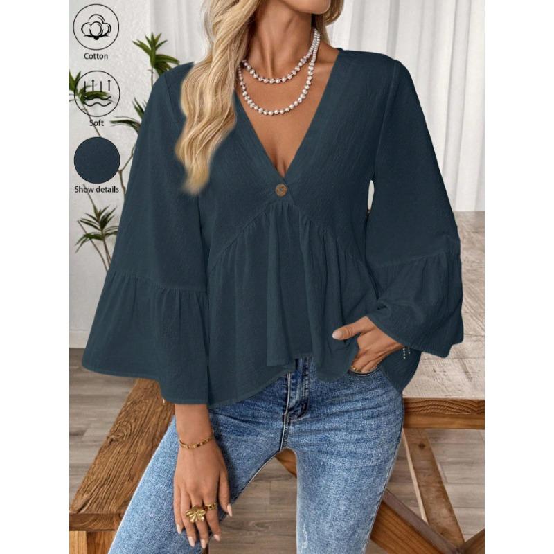 Spring Summer V-neck Elegant Loose Ruffled Women Blouse Half Sleeve Simple Casual Blouse Female New Solid Color Lotus Leaf Tops Office Sweet Clothing