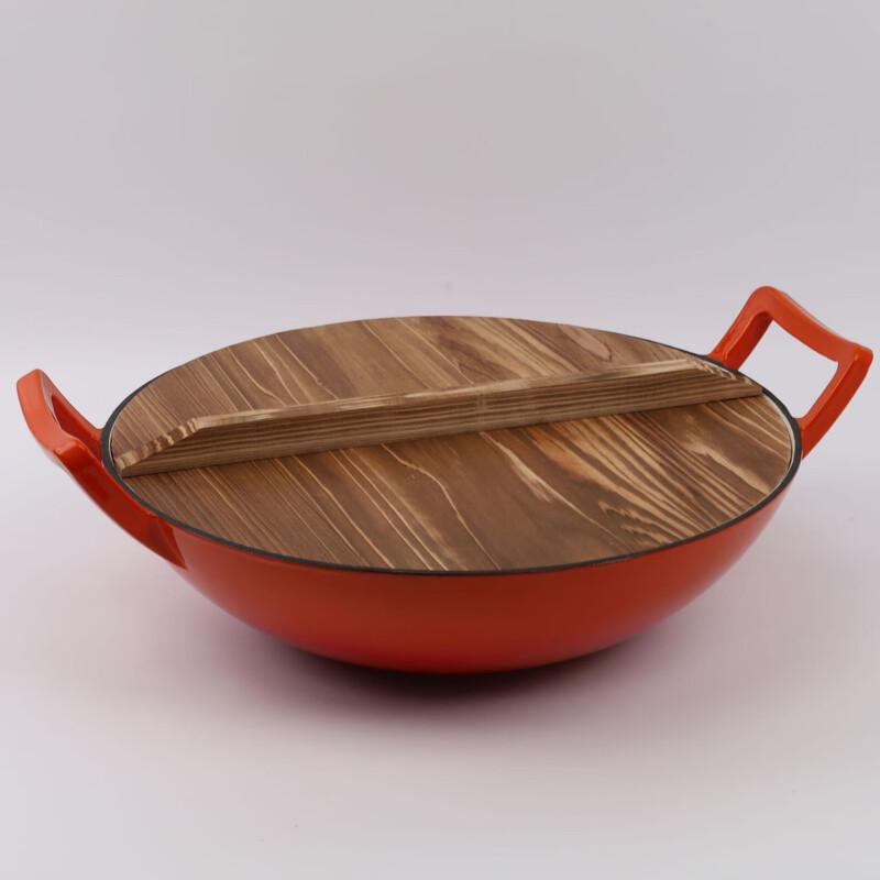 OJW Enamel Cast Iron Wok with Wooden Lid